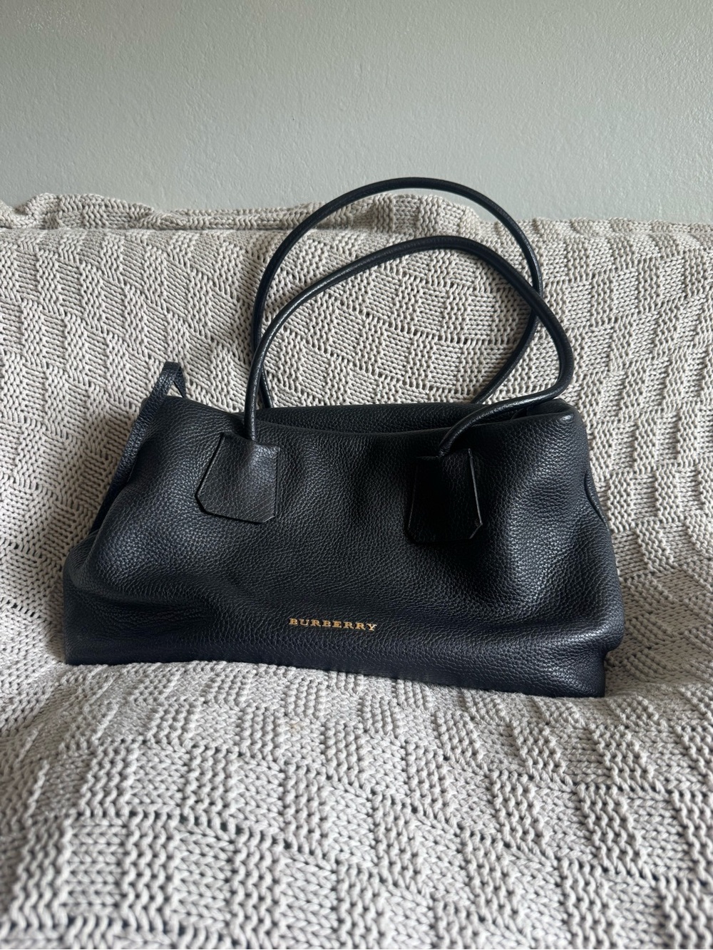 Burberry Black Pebbled Leather Shoulder Bag with Gold Logo